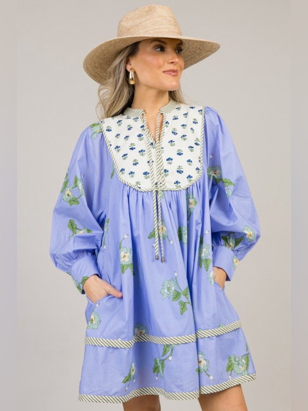Mixed Blue Floral‎ Babydoll puff sleeve Dress oversized small coastal prairie